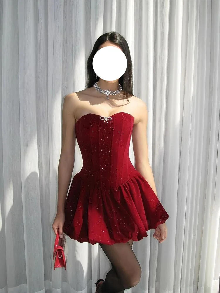 

MeowGirl French Sweet and Spicy Style Noble Bright Flash Sexy Breasted Puffy Skirt Slim Thin Dress Female