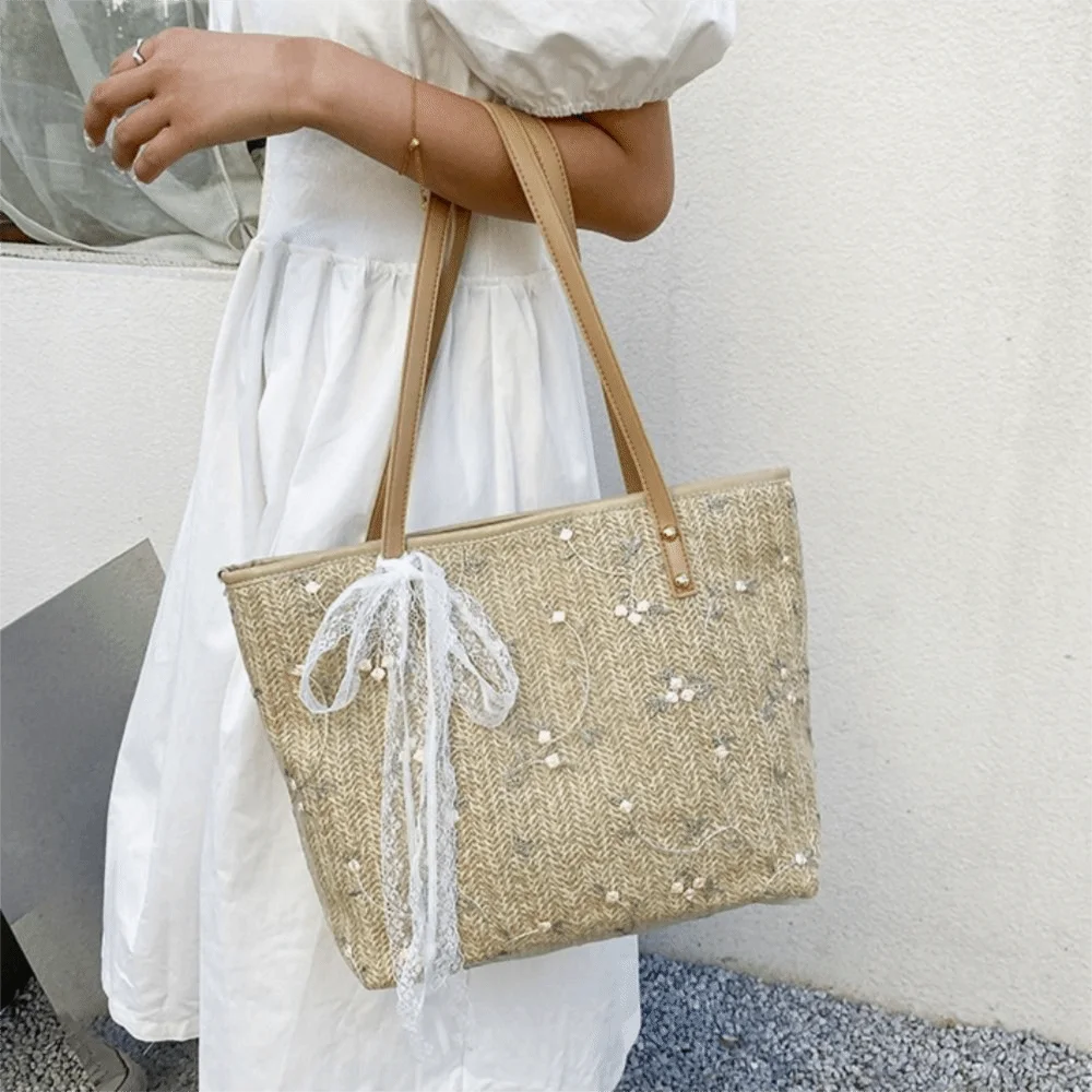 

Соломенная тканая сумка на одно плечо большой емкости, портативная сумка для покупок ручной работы, кружевная большая сумка, женская сумка