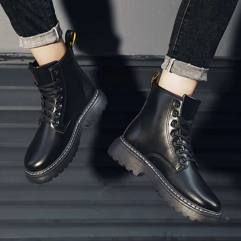 

Мужские черные высокие кожаные ботинки спецодежды, новинка 2025, осень-зима, обувь на флисовой подкладке, повышенная высота, модная британская обувь