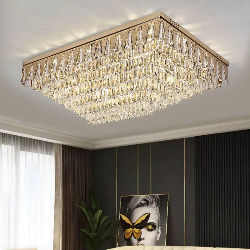 Stainless Steel Ceiling Lamp In Living Room,modern Rectangular/Round K9 Crystal Lamp,luxury Ceiling Lamp 2024,e14 Light Source