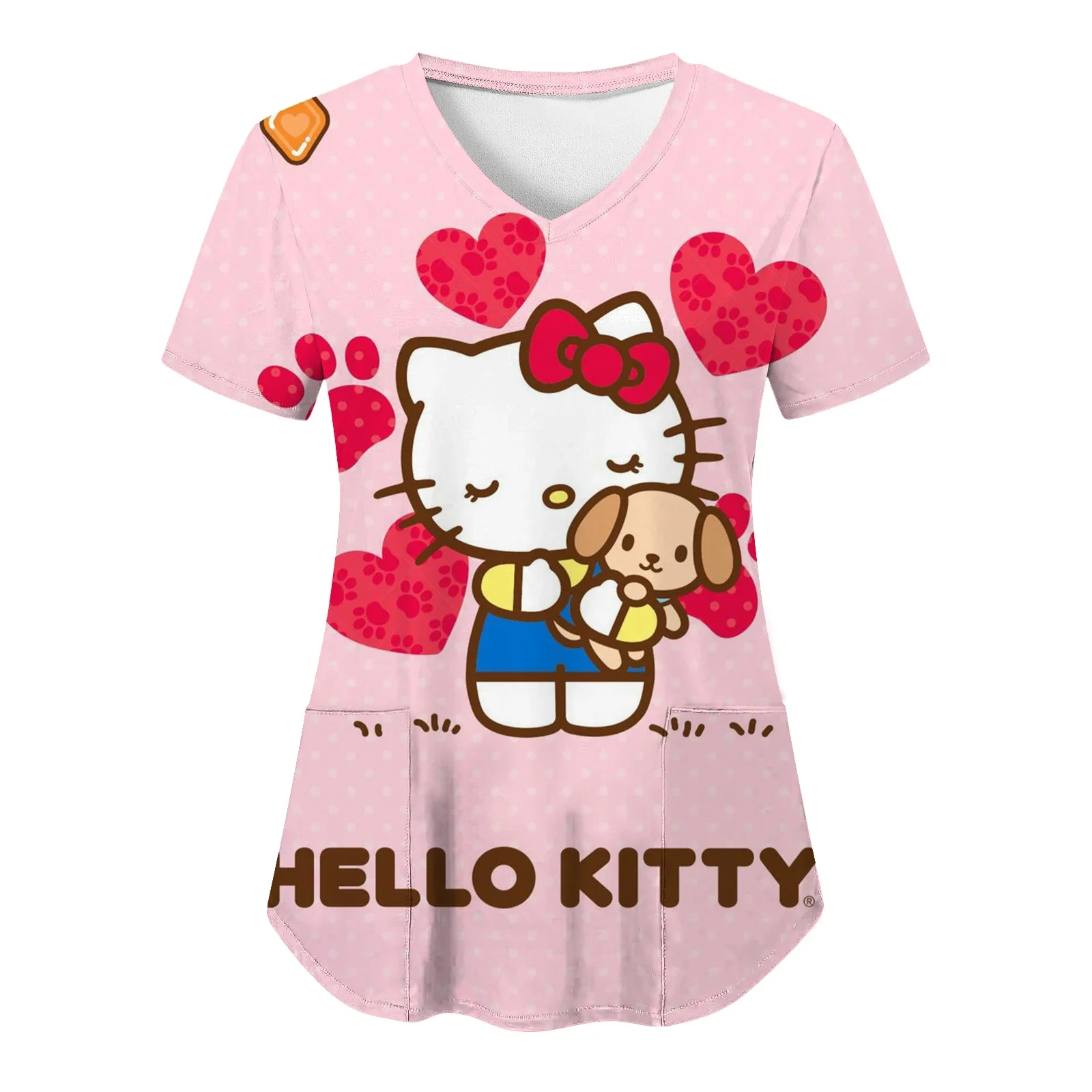 

Summer Woman Nurse Uniform Hello Kitty Tops Women T-shirt V-Neck Short Sleeve 3D Print Pocket Fashion Hospital Uniform