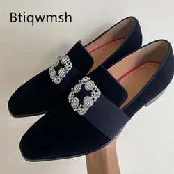 Silver Rhinestone Shoes Man Pointed Toe Black Real Suede Flats Male Fashion Wedding Shoes