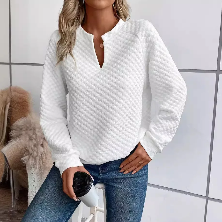 Women Sweatshirt 2025 Spring Autumn Latest Fashion Solid Color Deep V-Neck Pullover Long Sleeved Casual Hoodie Loose Sporty Top