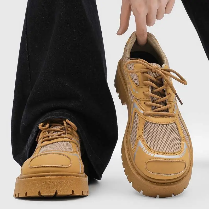 2026 Summer New Men's Breathable Chunky Shoes Lace Up Low Top Thick Sole Height Increasing Casual Sneakers