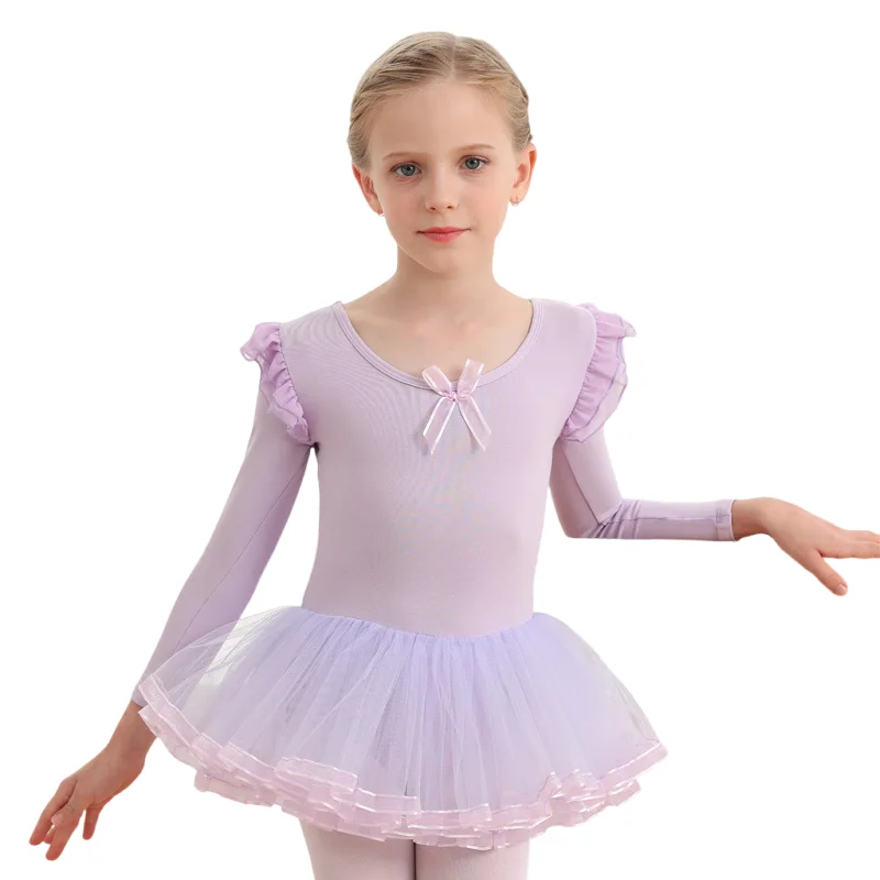Girls Ballet Dance Dress Butterfly Long Sleeve Skirted Leotards with Tutus Skirt Ballerina Outfits Bowknot Front Gynmnastic Test