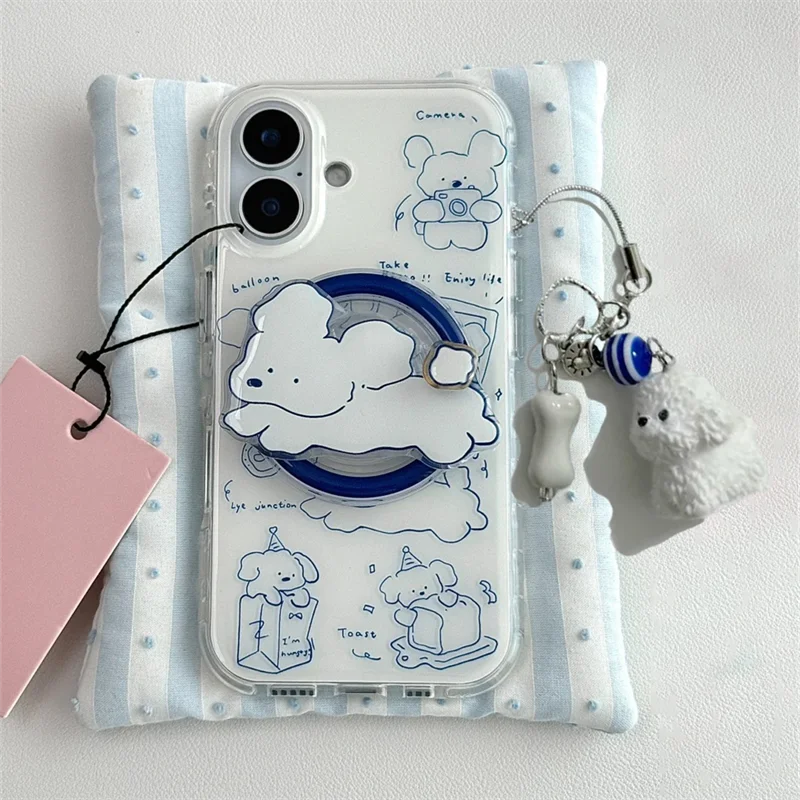 حافظة هاتف كلب صغير بخط أزرق مغناطيسي مع قلادة كلب صغير وحامل مغناطيسي لهاتف iPhone11 12 13 14 15 16 17 Pro Max