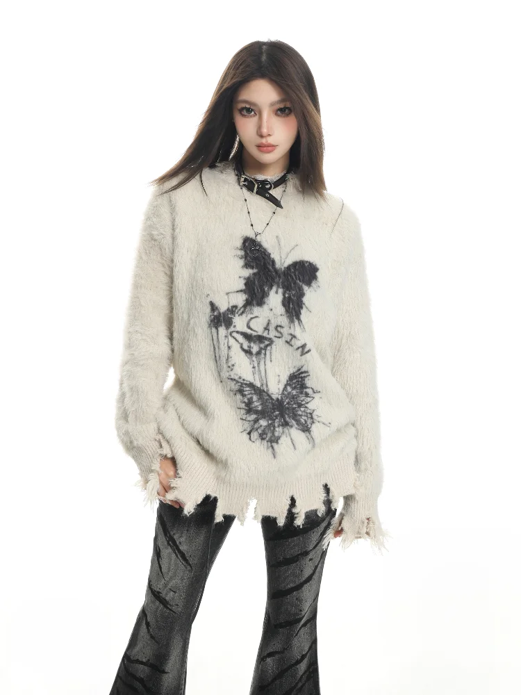 Sweater crew neck women's thickened warm butterfly embroidered fashion knitted autumn and winter soft fringed retro versatile