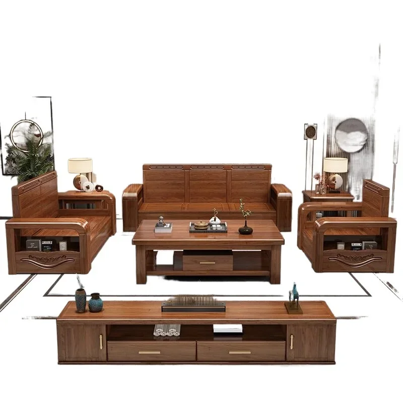 

Golden walnut solid wood sofa combination living room small apartment winter and summer Chinese style
