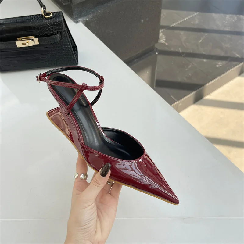 Casual Solid Color Strange High Heels 2024 Spring Summer Fashion New Pointed One Line Buckle with Irregular Heel Sandals Size 41