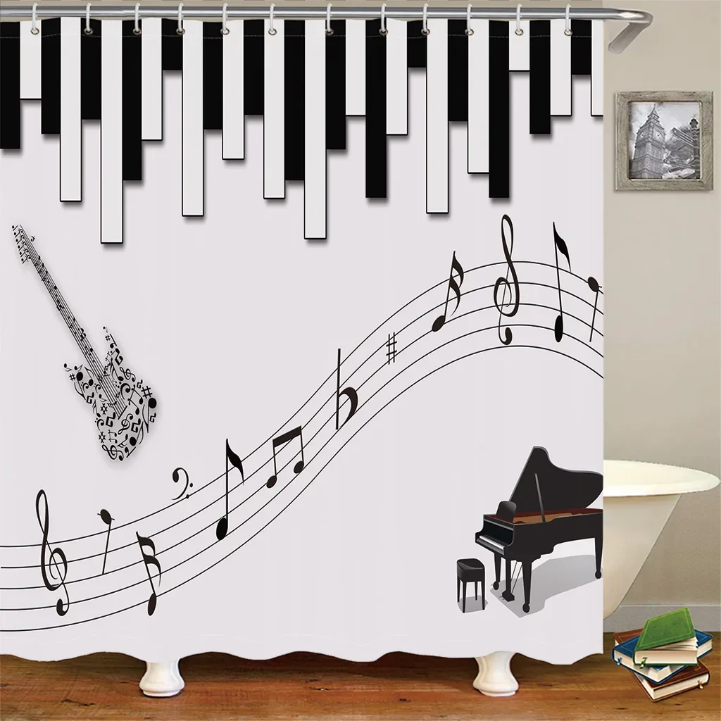 3D Print Retro Musical notes Piano keys  Polyester Shower Curtain Set for Bathroom Bath Waterproof Fabric with 12 Hooks Deor