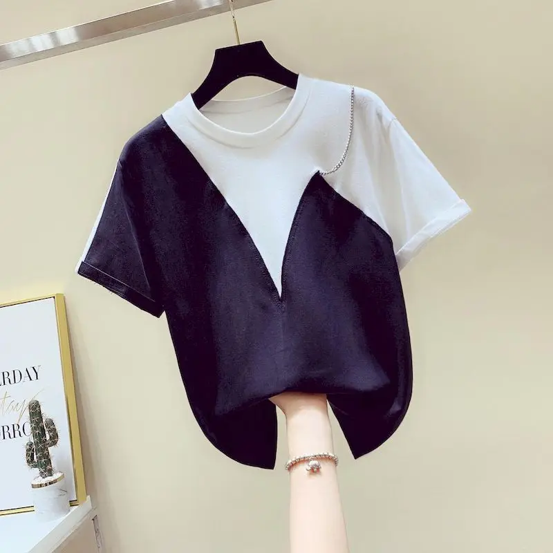 100% Cotton T-shirts Women Contrast Fake Two-piece T Shirt Casual Loose Short Sleeve Tops Summer Trend Simple Tshirt Y2k Clothes