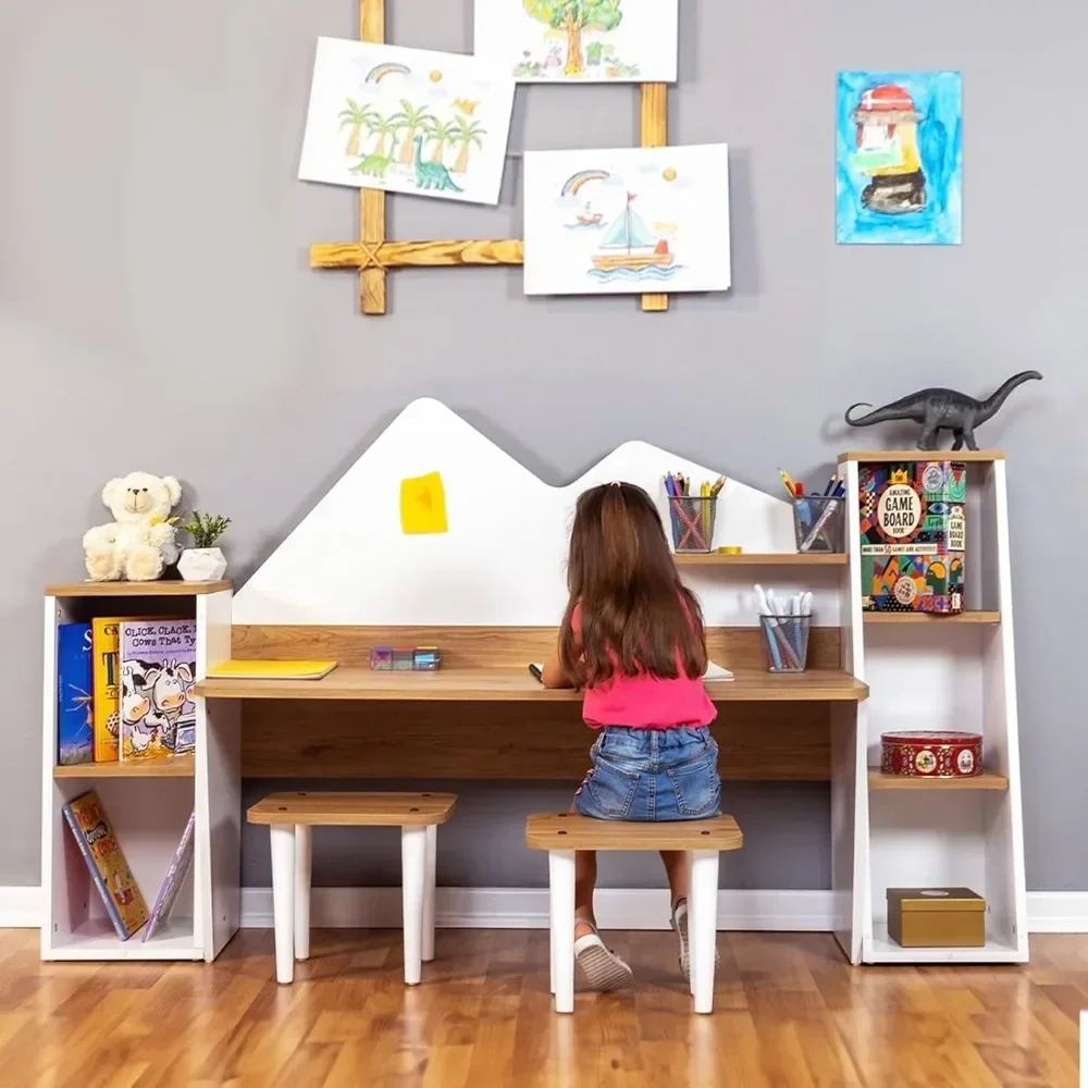 Kid's Study Desk with Bookshelf + 2 Stools for Ages 3-8, Wooden Children Activity Table with Hutch and Shelves, Kids Bedroom