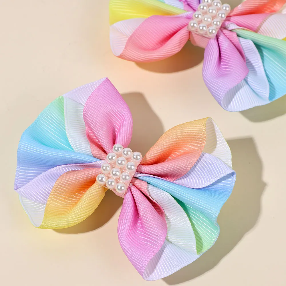 2Pcs Colorful Ribbon Bow Hair Clips Sweet Pearl Hairpins Barrettes Delicate Hairgrips Children Headwear Kids Hair Accessories