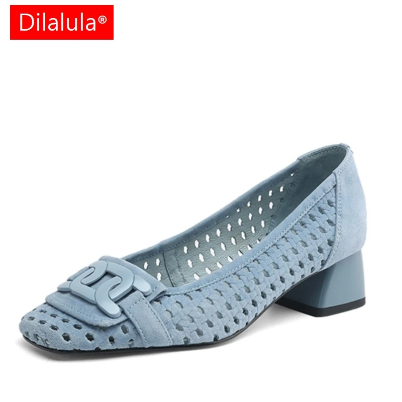 Dilalula 2025 Kid Suede Breathable Pumps Young Women Mid Thick Heels Summer Dress Shoes Female Hollow Career Footwear Size 41