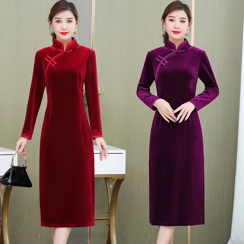 Elegantes Cheongsam-Samt kleid im chinesischen Stil Damen Vintage schlanke Langarm-Velours kleider 6xl 5xl plus Größe Retro Midi Vestidos