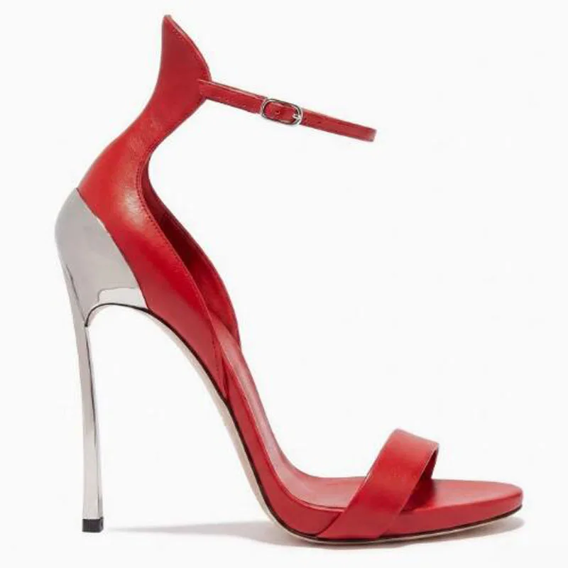 Women Red Green Matte Leather One Line Buckle Strap Sandals Sexy Sliver Metal Blade Heels High Heel Sandals Banquet Dress Shoes