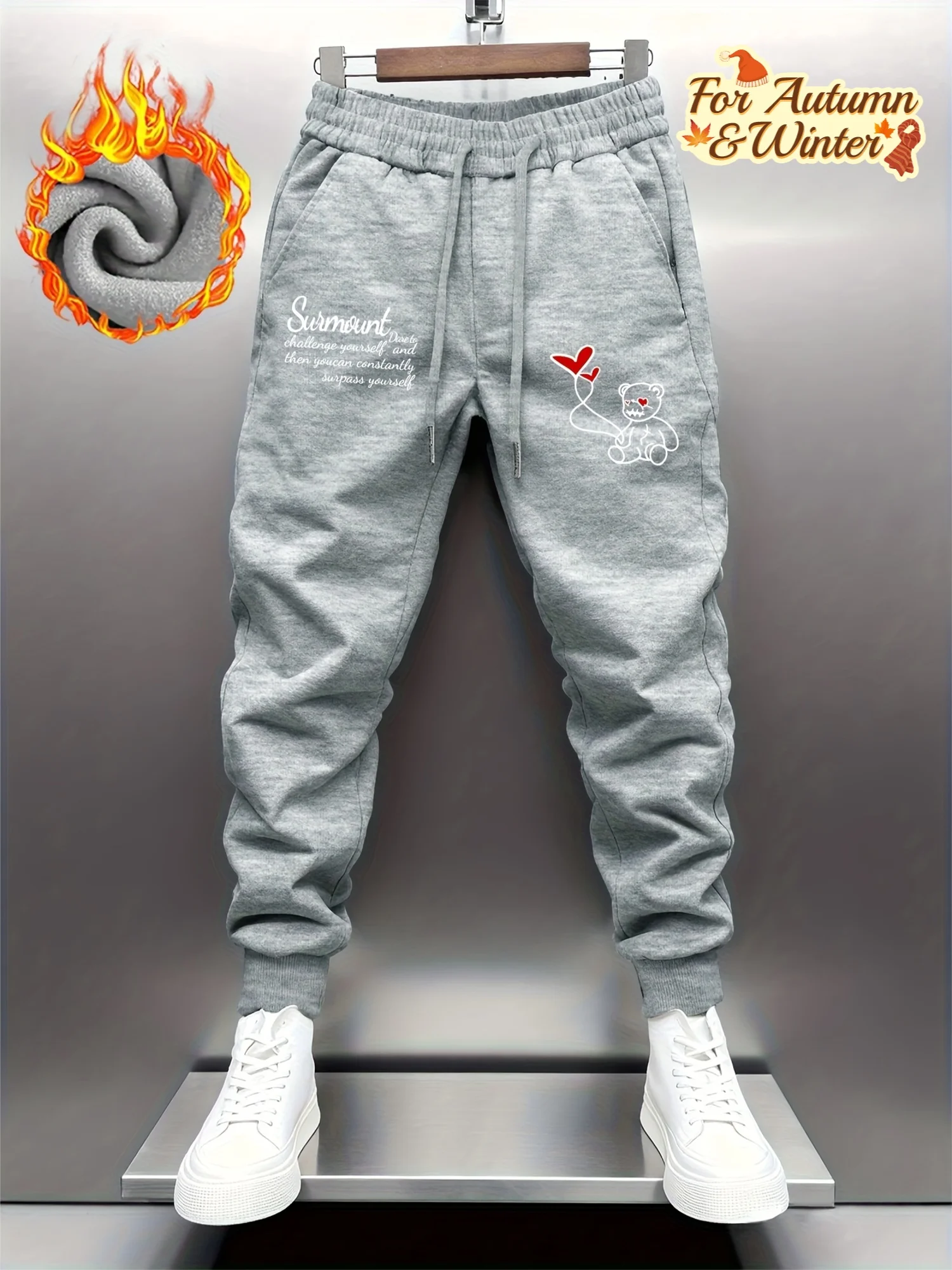 Cute‑cartoon bear heart‑balloon letter artwork stylish tapered fitted sweatpants men hip hop sports jogger trousers