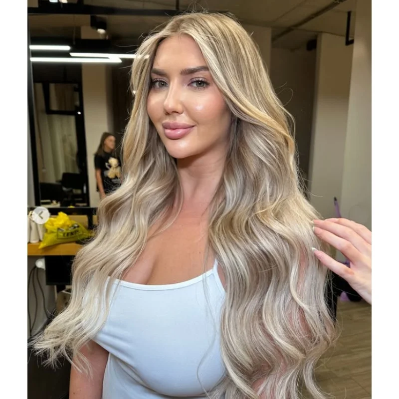 

Middle Part Wig Ombre Long Ash Blonde With Brown Streaks Synthetic Lace Front Wig Dark Root 28 Inches Synthetic Wigs For Women
