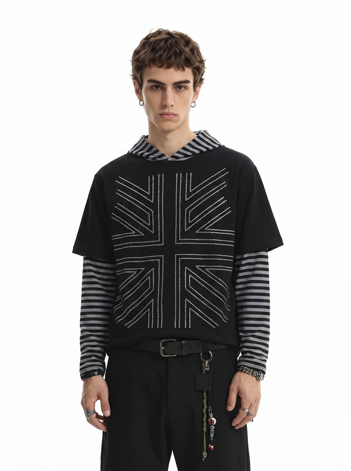 BETEBULE American Style Trendy Rhinestone Design Stripe Hoodie Men's Loose Fake Two-Piece Top for Autumn Casual Wear