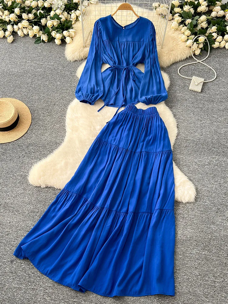 Women's Spring Autumn New Casual Half Skirt Set Loose Strap Round Neck Long Sleeve Shirt+High Waist Half Skirt Two Piece Set