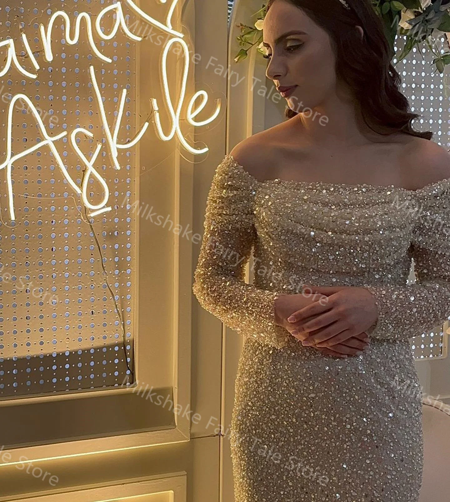 Light Champagne Cocktail Dresses Off Shoulder Glitter Sequins Prom Gowns Long Sleeves Tea Length Engagement Party Dresses