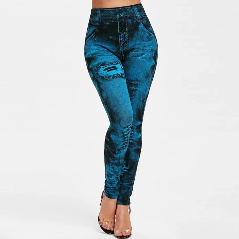 Sexy imitação de jeans leggings mulheres estiramento cintura alta calças de fitness magro empurrar para cima do esporte leggings para calças