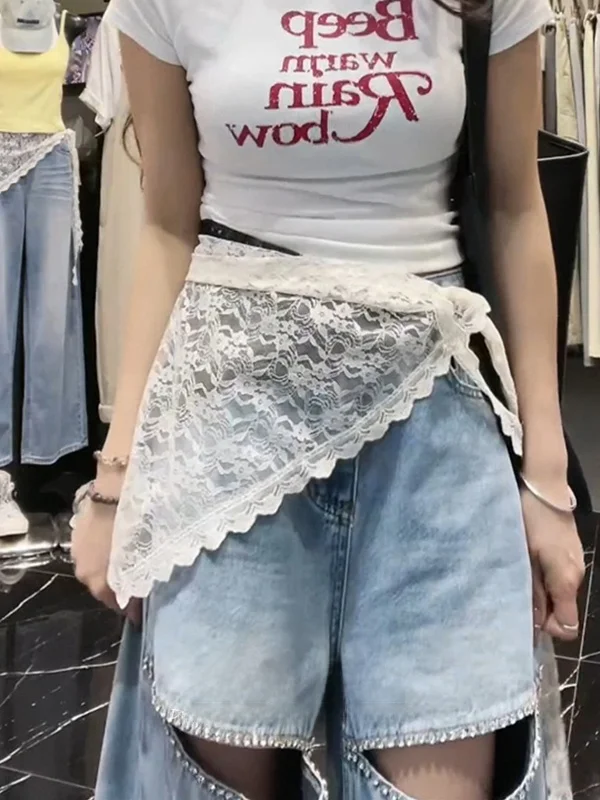 

High Waist One-Piece Headscarf Denim Lace Curtain Women's Korean Style Design Sensation Mesh Waist Towel Layered Curtain