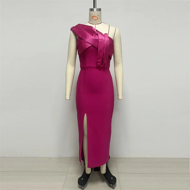 Hot Pink Satin Prom Dress Sexy One Shoulder Sleeveless Long Sheath Party Gown Formal Wedding Guest Birthday Evening Robe - view 4