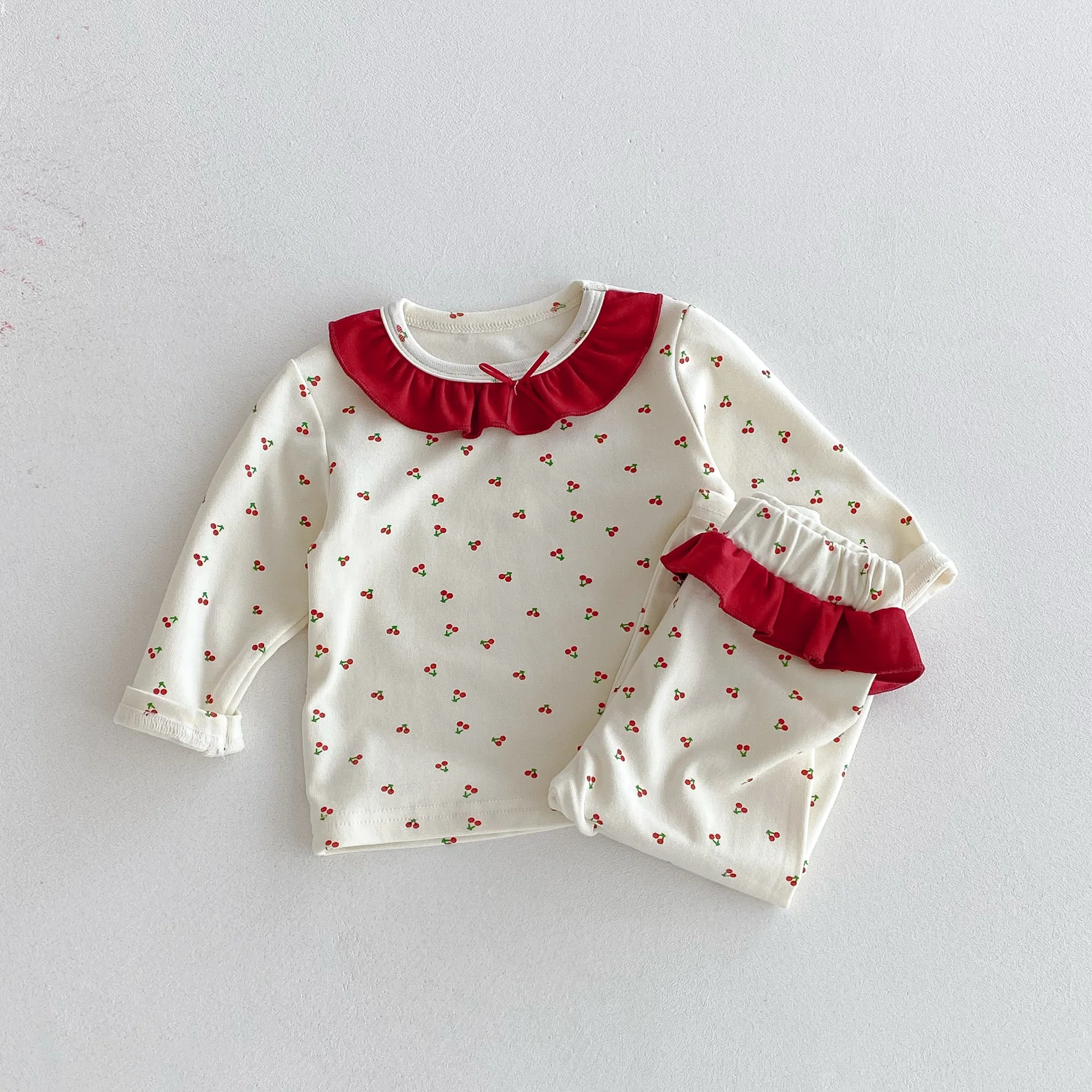 Split Bottoming Shirt +Leggings Casual Two-piece Suit Baby Girl Suit Autumn New Baby Cherry Home Suit