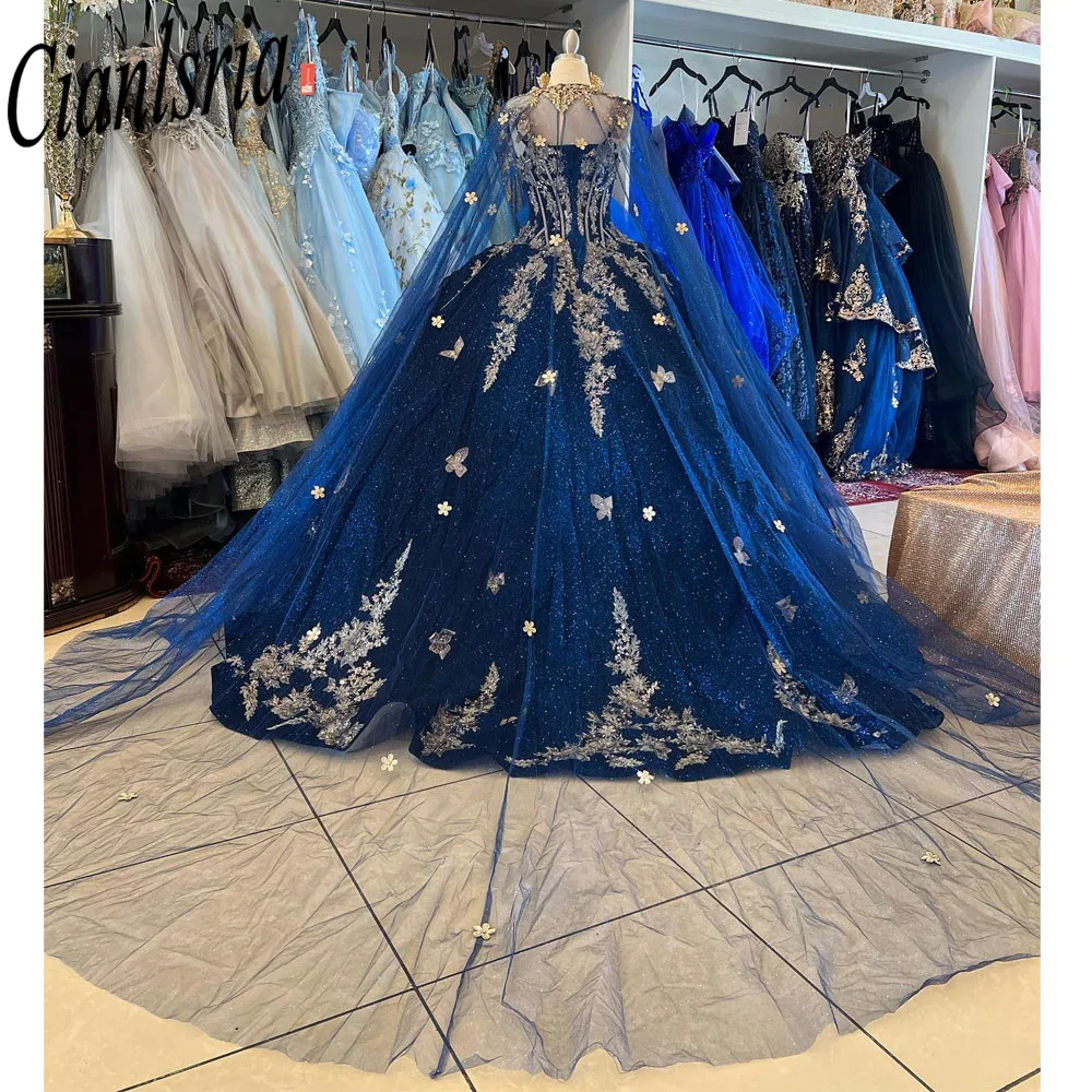 فستان حفلة أميرة مع كيب ، سويت 16 Quinceanera ، حمالات سباغيتي ، زينة ، أزرق كحلي ، 15 سنة ، 2023