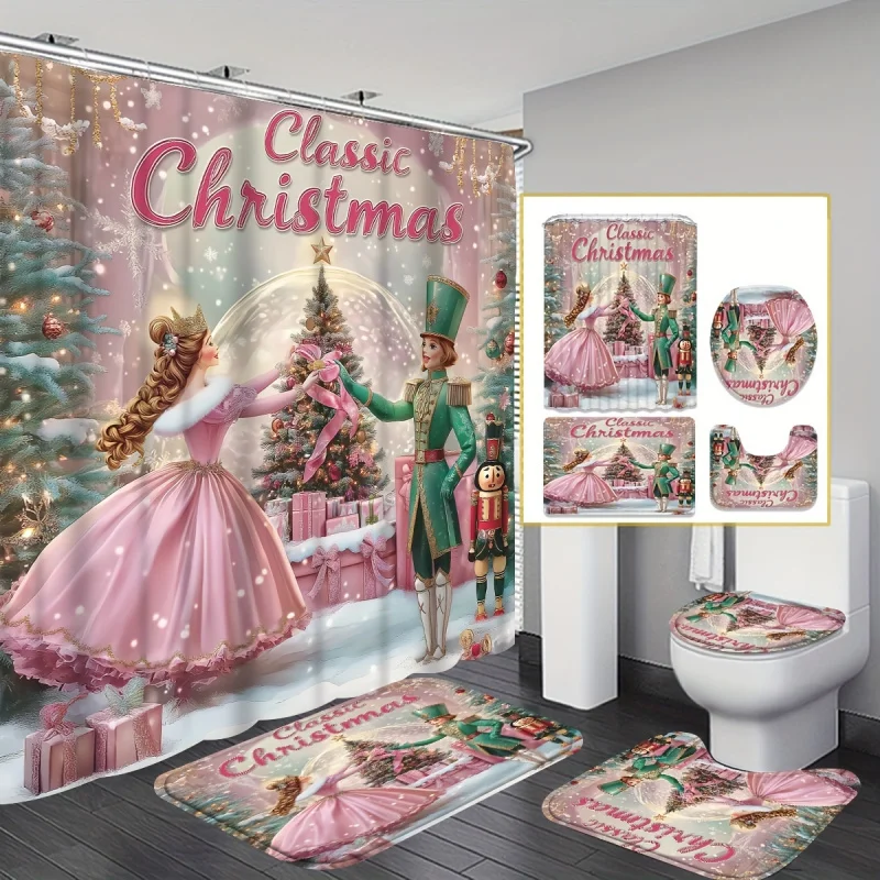 1/4pcs Merry Winter Decoration Set, Christmas Tree Gift Fairy Nutcracker Cute Pink Shower Curtain, Chri