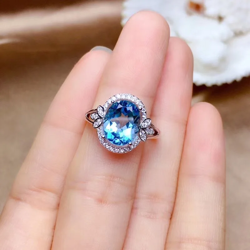 Micro-set sea blue topaz oval engagement silver ring stylish and simple