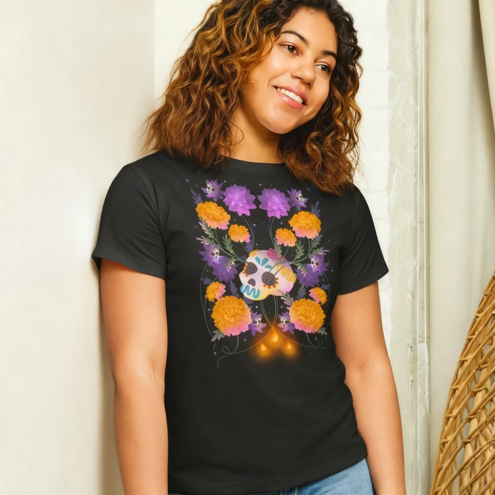 

Day of The Dead T-shirt with Skull and Marigold Flowers Graphic Tee Mexican Traditional Festival Souvenir Tops Women Casual Tees