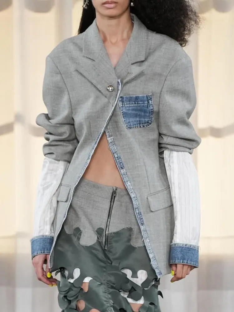 BPN Irregular Spliced Single Button Blazer For Women Notched Collar Long Sleeve Patchwork Denim Hit Color Blazers Female Clothes