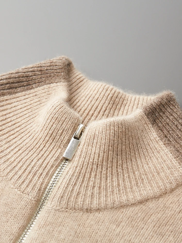 CHICUU Men's 100% Cashmere Sweater Mock Neck Zipper Cardigan Thickness Smart Casual Cashmere Knitwear Coat Autumn Winter Tops