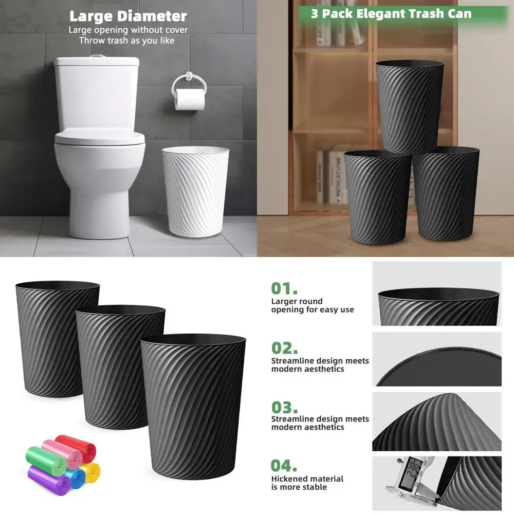 

3-Piece 1.8 Gallon Trash Cans with 6 Bags, Suitable for Bathroom, Office, and Home Use