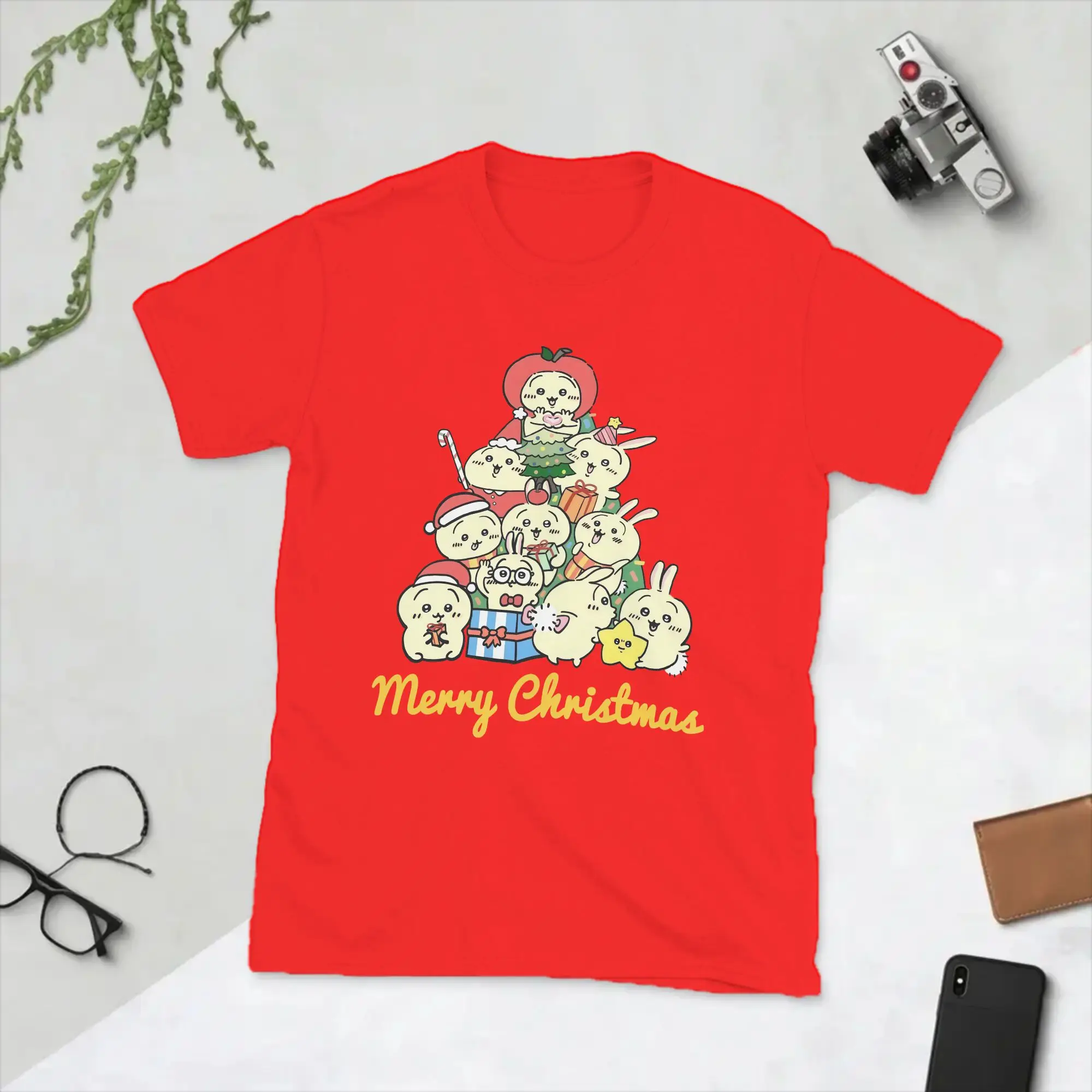 Men T-Shirts Usagi Kawaii Chiikawas Merry Christmas Novelty Cotton Tees Short Sleeve  T Shirts O Neck Clothing Plus Size