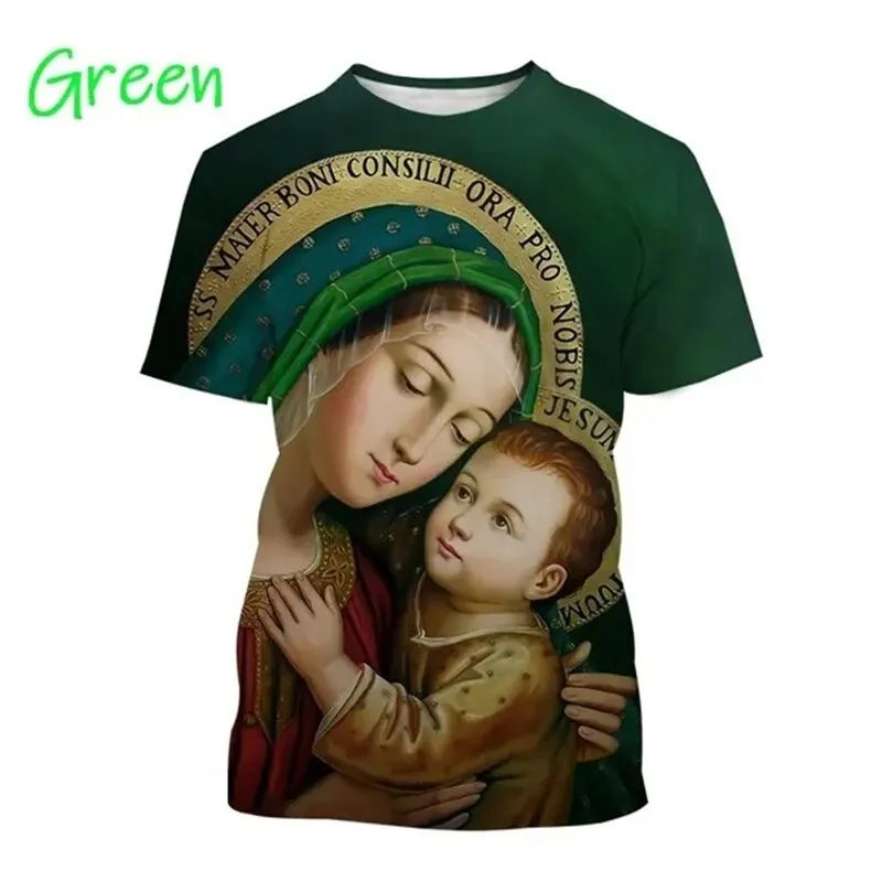 Hot New Virginmary 3D Printed T-shirt Christianity Faith O Neck Short Sleeve Mother Of Jesus Pattern Casual Tops For Men Women