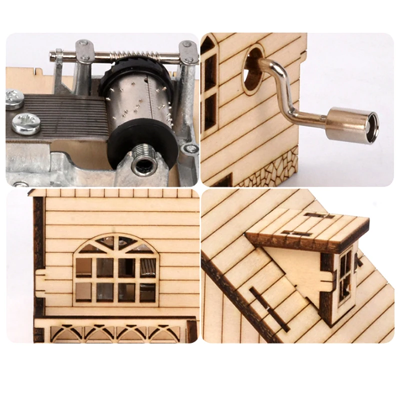 Holzhaus Montagemodell Spieluhr Kreative Montage Handkurbel Spieluhr Geschenk Handwerk für Kinder P284