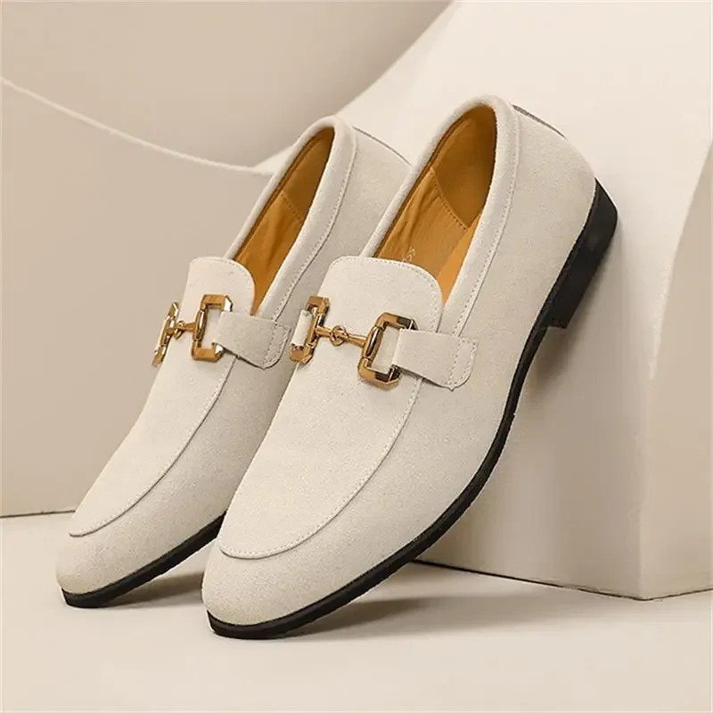 Men Loafers Solid Color Faux Suede Square Toe Low Heel Metal Buckle Fashion Business Casual Wedding Daily Dress Shoes