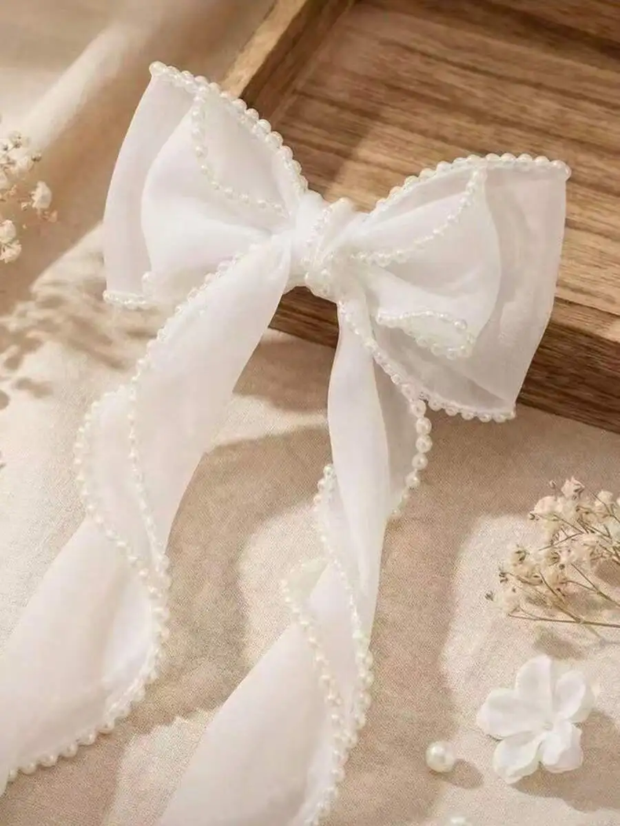 

White Pearl Embellished Bow Hair Ribbon For Women Wedding Party Daily Wear