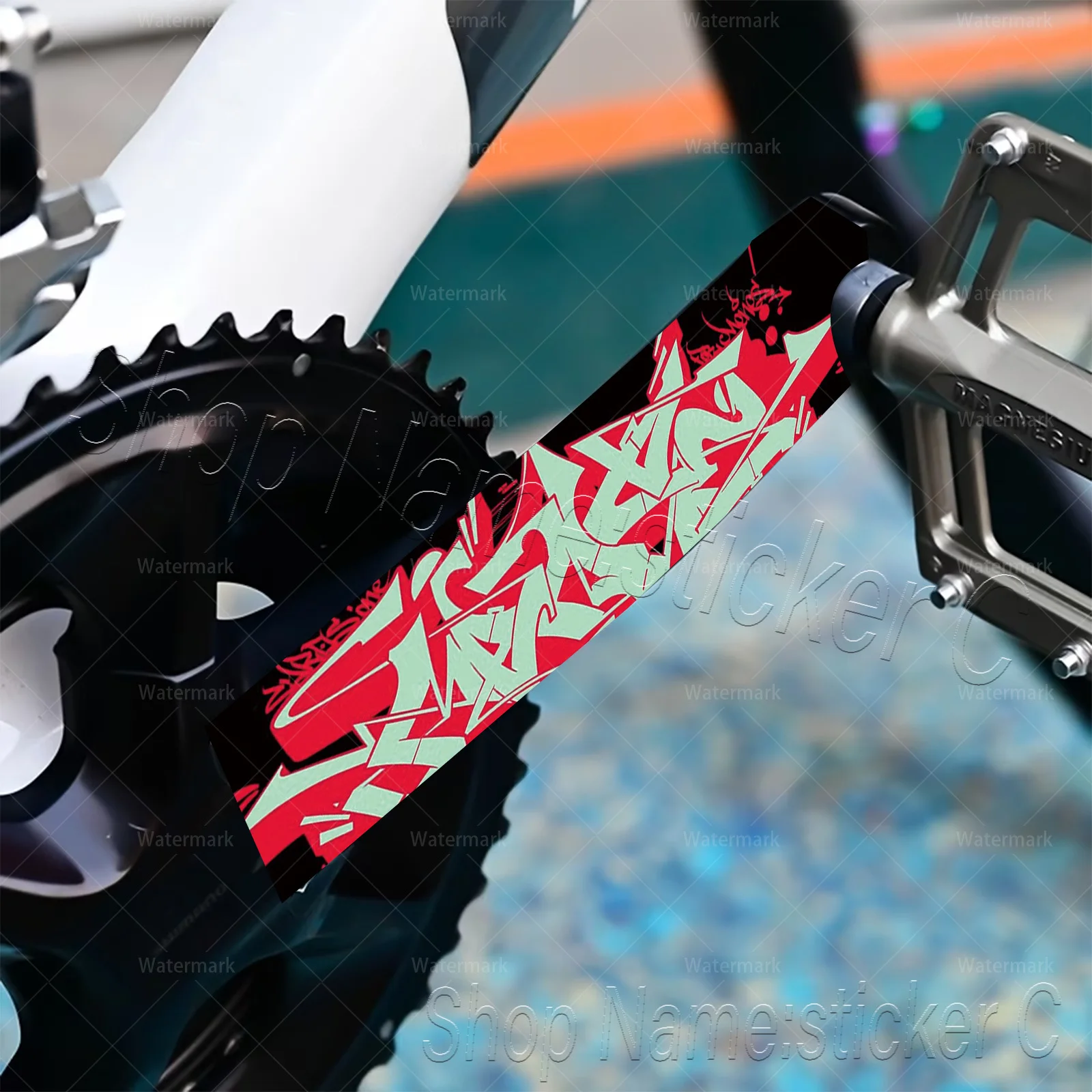 2Pcs Red Mint Graffiti Crank Arm Sticker Set, Waterproof Vinyl Decal for MTB & Road Bike