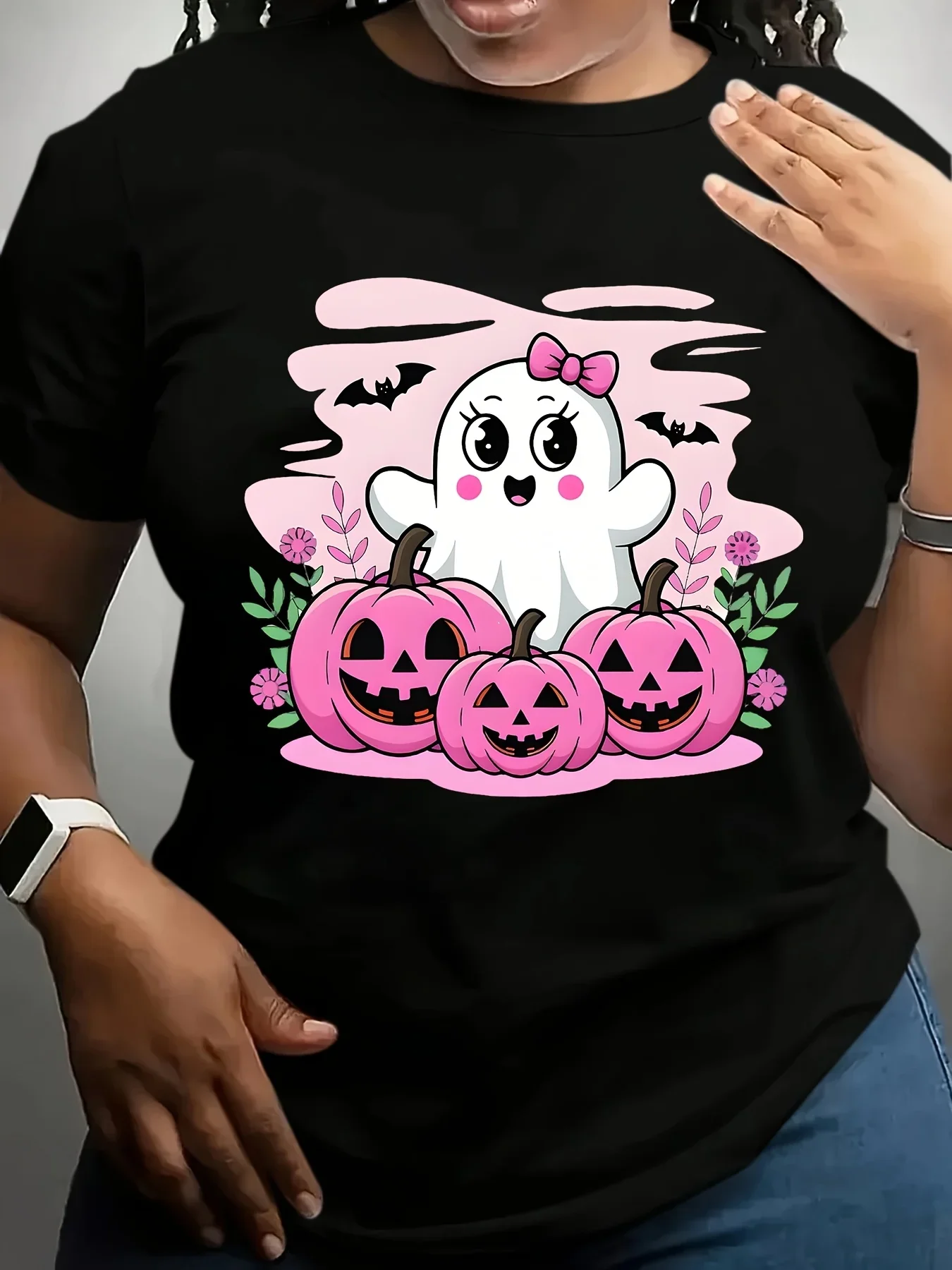 Trendy Cute Pink Ghost Pumpkin Bat Print Womens T Shirt Casual Short Sleeve Top for Halloween Spooky Season Daily Street Wear