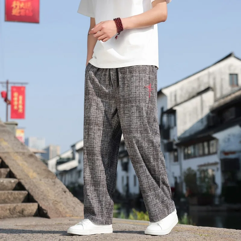 New Chinese Style · Men's Checkered Cross-stitch Wide-leg Pants, Loose and Draping + Ankle-binding Design, (Chinese Sizes)