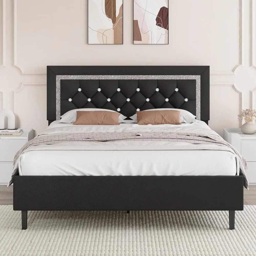 

Queen Bed Frame with Tufted Button Headboard, Upholstered Platform Bed Frame with Diamond Design, Strong Wood Slat Support, No B