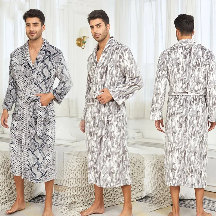 Masculino engrossar quente longo robe outono inverno flanela impressão sleepwear kimono roupão de banho solto coral velo casa wear