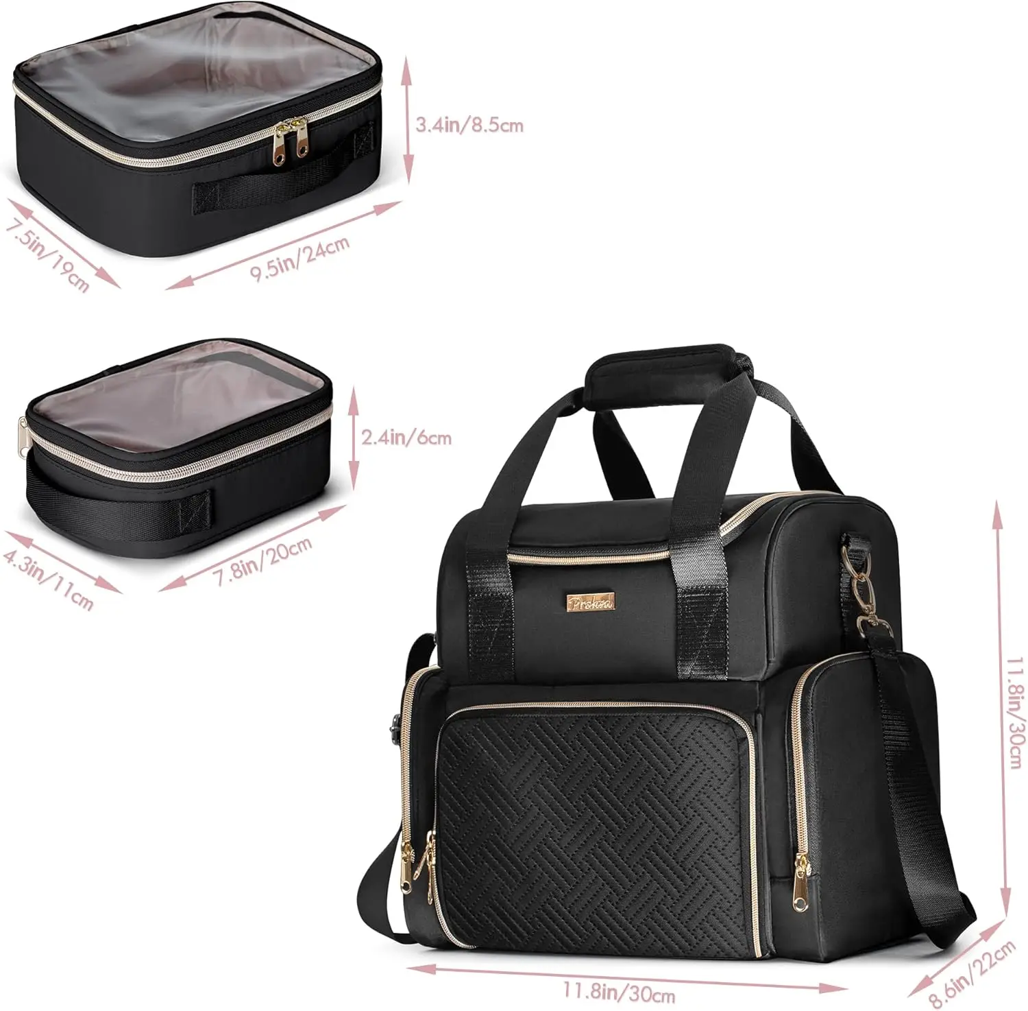 حقيبة مستحضرات تجميل كبيرة للسفر مع 3 حافظات قابلة للإزالة ومنظم بطبقة مزدوجة وتخزين الفرشاة باللون الأسود