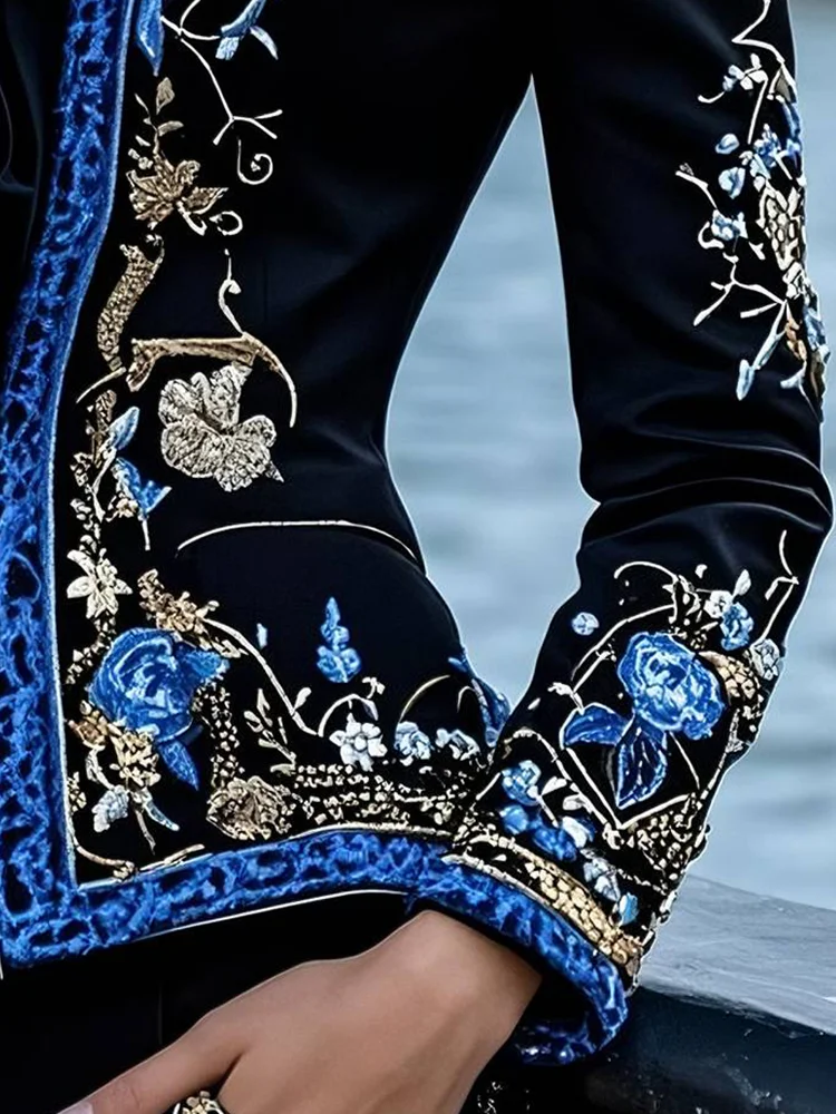 سترة صوفية نسائية بطبعة زهور 2025 أنيقة بقصة ضيقة وأكمام طويلة وياقة واقفة معطف رفيع عتيق بدلة أنيقة