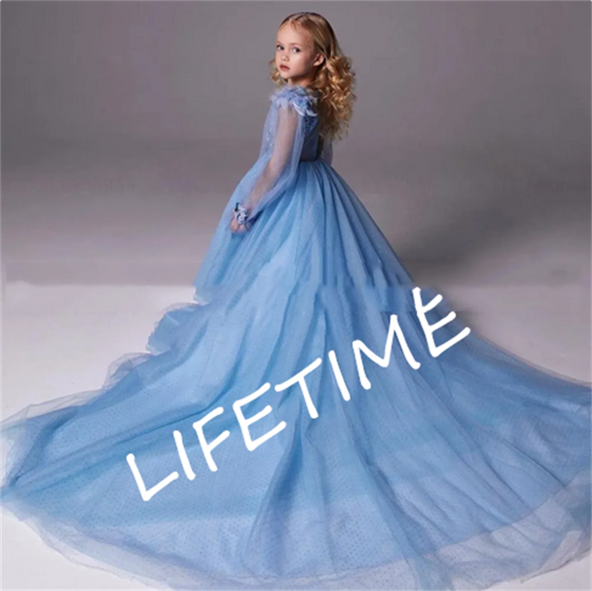 Bling Blue Flower Girls Dresses 2023 Applique Sequin Tulle Kids Wedding Party Dress Sweep Train Luxury Long Girl Princess Gowns