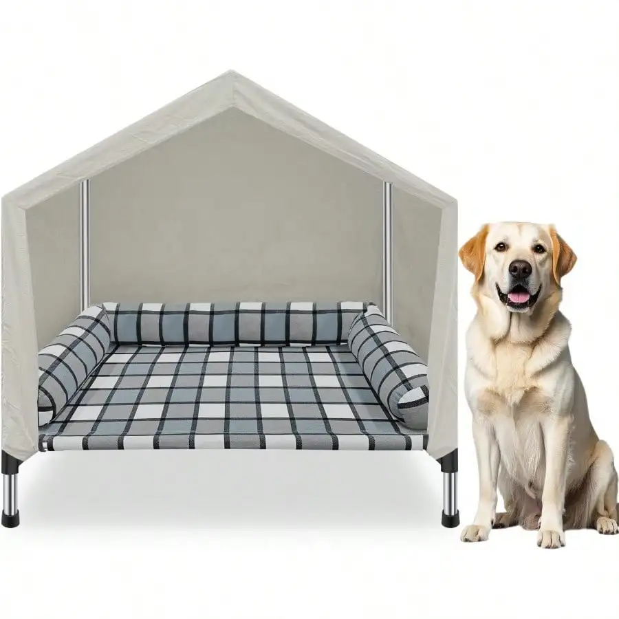 

Weatherproof 2in1 Indoor Outdoor Pet Cot With Canopy Cooling Portable Raised Dog Bed With Pillow For